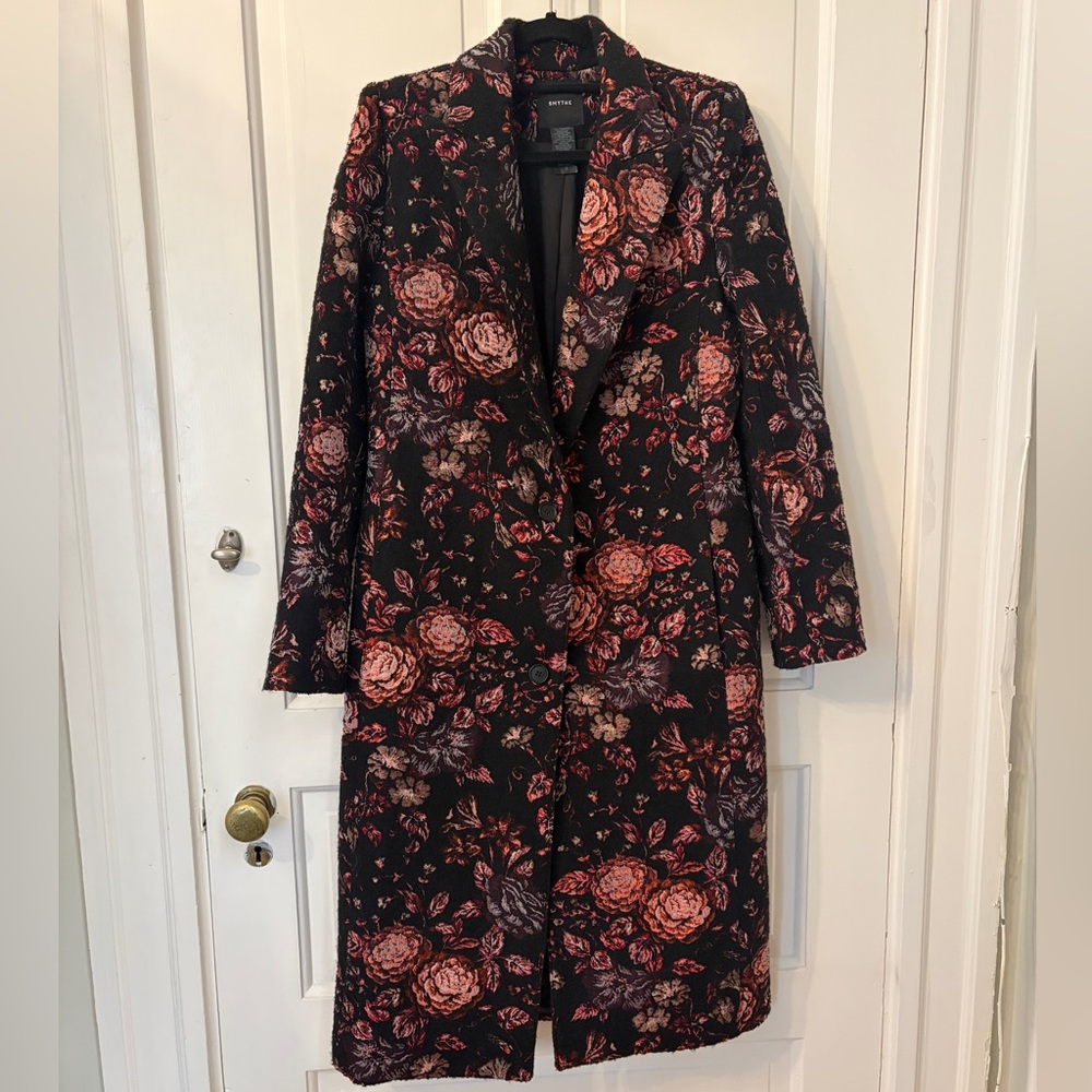 Smythe Peaked Lapel Black and Pink Floral Embroidered Single Breast Coat